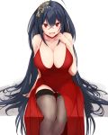  1girl absurdly_long_hair ahoge alternate_costume arms_at_sides ass_visible_through_thighs azur_lane bangs bare_shoulders black_hair black_legwear breasts choker cleavage collarbone crossed_bangs dress eyebrows_visible_through_hair grey_background hair_between_eyes hairband hand_on_own_chest hand_up highres itete large_breasts legs_together long_dress long_hair open_mouth panties pantyshot pantyshot_(sitting) purple_panties red_choker red_dress red_eyes sidelocks simple_background sitting smile solo taihou_(azur_lane) taihou_(forbidden_feast)_(azur_lane) thigh_gap thighhighs thighs two-tone_background underwear very_long_hair white_background 