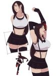  1girl abs arms_behind_back bike_shorts black_hair black_legwear black_skirt final_fantasy final_fantasy_vii final_fantasy_vii_remake long_hair low-tied_long_hair midriff multiple_views mushisotisis navel parted_lips pleated_skirt red_footwear shorts shorts_under_skirt simple_background skirt smile stretch suspenders thighhighs tifa_lockhart toned white_background 