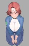  1girl bangs blush bodysuit breasts closed_mouth collar fortune_(last_origin) hands_on_own_knees highres kneeling large_breasts last_origin looking_at_viewer moebell0 open_clothes pants parted_bangs red_eyes red_hair shirt short_hair sweat white_shirt 