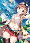  1girl :d arm_up atelier_(series) atelier_ryza bangs belt belt_buckle beret black_legwear black_ribbon blue_belt blue_sky blurry blurry_background blush breasts brown_belt brown_eyes brown_gloves brown_hair buckle chinomaron cleavage cloud cloudy_sky commentary_request day depth_of_field eyebrows_visible_through_hair gloves hair_between_eyes hair_ornament hairclip hand_behind_head hat highres holding long_sleeves looking_at_viewer medium_breasts navel open_mouth outdoors petals puffy_long_sleeves puffy_sleeves red_shorts reisalin_stout ribbon round-bottom_flask shirt short_shorts shorts sidelocks skindentation sky smile solo thighhighs vial white_headwear white_legwear white_shirt 