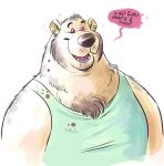  2019 anthro bite_mark bodily_fluids clothing dramamine drooling ear_piercing english_text hi_res hypnosis male mammal mind_control open_mouth piercing ringed_eyes saliva shirt simple_background smile solo speech_bubble submissive_male tank_top text topwear ursid white_background 