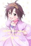  1girl :d ahoge arms_behind_back blush brown_eyes brown_hair character_name choker collarbone demirinz diadem dress gloves hair_between_eyes happy_birthday idolmaster idolmaster_(classic) kikuchi_makoto open_mouth pink_neckwear purple_dress short_hair short_sleeves smile solo white_background white_gloves 