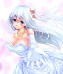  1girl :d bare_shoulders blue_eyes blush breasts bridal_veil cleavage commentary_request dress elbow_gloves eyebrows_visible_through_hair frilled_dress frills gloves hair_between_eyes hair_bobbles hair_ornament huge_breasts jewelry long_dress long_hair looking_at_viewer necklace one_side_up open_mouth outstretched_hand shinki silver_hair smile solo strapless strapless_dress touhou touhou_(pc-98) veil very_long_hair wedding_dress white_dress white_gloves yanagi_no_ki 