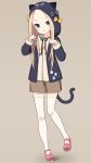  1girl :3 abigail_williams_(fate/grand_order) animal_ears animal_hood bangs bell_(oppore_coppore) black_bow black_jacket blonde_hair blue_eyes blush bow brown_background brown_shirt brown_skirt cat_ears cat_girl cat_hood cat_tail closed_mouth commentary_request fake_animal_ears fate/grand_order fate_(series) forehead full_body hands_up head_tilt highres hood hood_up hooded_jacket jacket long_hair long_sleeves looking_at_viewer mary_janes open_clothes open_jacket orange_bow parted_bangs paw_pose pleated_skirt polka_dot polka_dot_bow red_footwear shadow shirt shoes skirt solo standing standing_on_one_leg tail thighhighs v-shaped_eyebrows white_legwear 