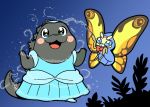  1boy 1girl bkub bug cinderella cosplay crossover dress fairy_godmother fairy_godmother_(cosplay) godzilla godzilla_(series) insect kaijuu monster moth mothra no_humans parody ribbon tail wand wings 