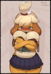  2019 animal_crossing anthro belly big_breasts blush bottomwear breasts canid canine canis clothed clothing digital_media_(artwork) domestic_dog embarrassed female front_view honeycalamari isabelle_(animal_crossing) looking_down mammal midriff navel nintendo shih_tzu skirt slightly_chubby thick_thighs toy_dog video_games voluptuous wide_hips 