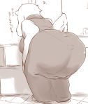  anthro big_butt bovid butt caprine clothed clothing fdokkaku female goat huge_butt japanese_text mammal monochrome panty_lines slightly_chubby solo standing text toriel undertale underwear video_games 