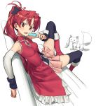  1girl 1other absurdres bare_shoulders bench black_legwear boots bow commentary_request detached_sleeves dress food hair_bow highres ikezawa_shin kyubey long_hair looking_to_the_side magical_girl mahou_shoujo_madoka_magica ponytail popsicle red_dress red_eyes red_hair sakura_kyouko simple_background sitting thighhighs white_background 