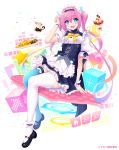  1girl akihabara_(tokyo) blue_eyes cat cup food fukai_ryousuke heart highres ice_cream maid mary_janes open_mouth pink_hair shoes thighhighs 