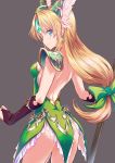  1girl ass back blonde_hair blue_eyes blush breasts closed_mouth commentary dress from_behind gloves green_dress grey_background helmet highres long_hair looking_at_viewer looking_back low-tied_long_hair medium_breasts partly_fingerless_gloves polearm riesz seiken_densetsu seiken_densetsu_3 silve simple_background smile solo very_long_hair weapon 