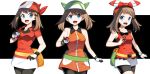  3girls :d bandana bike_shorts black_shorts blue_eyes bow bracelet breasts brown_hair collarbone collared_jacket cowboy_shot green_bandana hair_bow hairband haruka_(pokemon) highres holding holding_poke_ball jacket jewelry long_hair looking_at_viewer medium_breasts miniskirt multiple_girls open_mouth poke_ball pokemon pokemon_(game) pokemon_oras pokemon_rse print_bandana red_bandana red_hairband red_jacket red_shirt shirt short_shorts short_sleeves shorts shorts_under_shorts shorts_under_skirt skirt sleeveless sleeveless_jacket sleeveless_shirt smile standing striped striped_bow v-shaped_eyebrows white_shorts white_skirt wing_collar yuihiko 