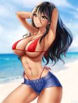  1girl armpits arms_up artist_name beach bikini black_hair breasts brown_eyes commission day earrings gigamessy jewelry large_breasts long_hair navel_piercing original pendant piercing red_bikini short_shorts shorts smile solo swimsuit tan 