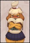  2019 animal_crossing anthro belly big_breasts blush bottomwear breasts canid canine canis clothed clothing digital_media_(artwork) domestic_dog embarrassed female front_view hair hi_res honeycalamari isabelle_(animal_crossing) looking_down mammal midriff navel nintendo shih_tzu skirt slightly_chubby thick_thighs toy_dog video_games voluptuous wide_hips 