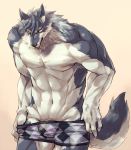  abs anthro barely_visible_genitalia barely_visible_penis biceps big_muscles black_nose blue_eyes canid canine canis clothed clothing cotora fur grey_fur looking_at_viewer male mammal multicolored_fur muscular muscular_male navel pecs penis simple_background solo standing topless two_tone_fur underwear underwear_down undressing white_fur wolf 