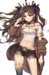  1girl absurdres asymmetrical_legwear black_bow black_legwear black_shorts bow breasts brown_coat brown_hair closed_mouth clothes_down coat collarbone cowboy_shot diadem earrings fate/grand_order fate_(series) floating_hair hair_bow halterneck highres holding holding_eyewear ishtar_(fate/grand_order) jewelry long_hair looking_at_viewer medium_breasts midriff navel off-shoulder_shirt off_shoulder open_clothes open_coat red_eyes shirt short_shorts shorts simple_background single_thighhigh solo standing stomach sunglasses thighhighs torn_clothes torn_shorts twintails uuruung very_long_hair white_background white_shirt 
