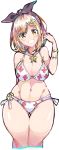  1girl absurdres arm_behind_back ass_visible_through_thighs atelier_(series) atelier_ryza bangs bare_shoulders bikini black_hairband blush breasts cleavage collarbone enpe eyebrows_visible_through_hair hair_ornament hairband hairclip hand_up head_tilt highres jewelry large_breasts looking_at_viewer navel necklace o-ring o-ring_bikini o-ring_bottom orange_eyes orange_hair reisalin_stout short_hair simple_background smile solo star star_necklace swept_bangs swimsuit thigh_gap thighs white_background white_bikini 