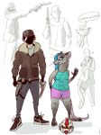  2018 absurd_res acid_rain akella33 anthro armor blue_eyes blue_hair bottomwear breasts brown_fur clothed clothing coat didelphid duo english_text female fur gun hair headgear helmet hi_res human long_hair male male/female male_on_anthro mammal marsupial model_sheet null ranged_weapon romantic_couple shorts size_difference smaller_female star_dismond text weapon 