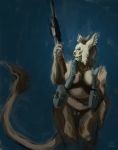  anthro armor big_breasts blindwatchman breasts facial_hair facial_piercing felid feline female gun hi_res jyta mammal mature_female mohawk_(disambiguation) nose_piercing nose_ring nude piercing pussy ranged_weapon scar slightly_chubby thick_thighs unconvincing_armor weapon 