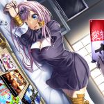  1girl bangs bdsm bed black_bow black_dress blue_eyes blush bondage bound bow breasts cleavage collared_dress commentary_request cover dress dutch_angle fujiwara_chika game_cover hair_bow highres indoors kaguya-sama_wa_kokurasetai_~tensai-tachi_no_renai_zunousen~ large_breasts lying monikano on_side open_mouth pink_hair ribbon saliva tape television thighs tied_up translation_request 