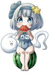  ._. 1girl :3 alternate_costume arms_up barefoot blush breasts character_name chibi commentary eating eyebrows_visible_through_hair food food_in_mouth fruit hair_ornament hair_ribbon highres holding holding_food holding_fruit impossible_clothes impossible_swimsuit konpaku_youmu konpaku_youmu_(ghost) large_breasts looking_at_viewer melon_slice old_school_swimsuit one-piece_swimsuit open_mouth pegashi ribbon school_swimsuit short_hair silver_eyes silver_hair simple_background sitting_on_food smile solo star star_hair_ornament swimsuit thick_eyebrows touhou translated watermelon white_background 