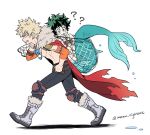  2boys angry bakugou_katsuki blonde_hair boku_no_hero_academia clenched_teeth fishing_net freckles green_hair male_focus merman midoriya_izuku monster_boy multiple_boys net nightcat outdoors pale_skin simple_background spiked_hair teeth twitter_username walking white_background 