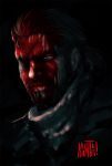  1boy beard black_background blood blood_on_face commentary english_commentary eyepatch facial_hair highres horn kanta-kun male_focus metal_gear_(series) metal_gear_solid_v nose one-eyed scar scar_across_eye scarf short_hair solo venom_snake 