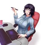  1girl breasts chair drawing_tablet glasses grey_eyes highres large_breasts lipstick looking_at_viewer makeup mangaka mouse_(computer) nofuture original purple_hair ribbed_sweater short_hair simple_background sitting solo sweater wacom white_background 