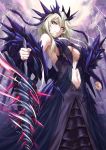  1girl armor artoria_pendragon_(all) artoria_pendragon_(lancer_alter) aura bangs bare_shoulders black_nails blonde_hair braid breasts center_opening cleavage clenched_hand cloud cloudy_sky crown_braid dark_persona dress earrings expressionless fate/grand_order fate_(series) floating_hair glint hair_between_eyes holding holding_weapon horns jewelry lace lace-trimmed_dress large_breasts lightning long_hair looking_at_viewer navel outdoors purple_dress rhongomyniad sakiyamama serious sidelocks signature sky solo thighhighs tsurime underboob weapon yellow_eyes 