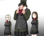  1boy 3girls arms_behind_back bangs black_footwear black_hair black_skirt black_vest blonde_hair blue_eyes boots carrying clara_(girls_und_panzer) closed_eyes closed_mouth crossdressing crossed_arms frown girls_und_panzer glasses gradient gradient_background grappler_baki green_jacket green_jumpsuit grey_background hair_ornament hairclip hanayama_kaoru head_out_of_frame insignia jacket katakori_sugita katyusha long_hair long_sleeves military military_uniform miniskirt multiple_girls nonna odd_one_out opaque_glasses pleated_skirt pravda_military_uniform red_shirt scar shirt short_jumpsuit shoulder_carry skirt smile standing swept_bangs turtleneck twitter_username uniform vest 