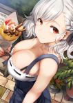  1girl alternate_costume bangs bare_shoulders black_ribbon blush breasts cleavage closed_mouth collarbone crepe day dress eyebrows_visible_through_hair food girls_frontline hair_ribbon highres holding holding_food large_breasts lolicept long_hair looking_at_viewer menu_board outdoors pov red_eyes ribbon sidelocks silver_hair smile solo spas-12_(girls_frontline) tareme twintails 
