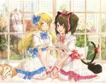  2girls :d ahoge animal animal_ears bangs beret black_cat black_hair blue_bow blush bosack bow brown_eyes cat cat_ears cat_girl cat_tail center_frills chair closed_mouth collared_dress commentary commission dress english_commentary eyebrows_visible_through_hair flower frills hair_between_eyes hair_bow hat looking_at_viewer low_twintails multiple_girls open_mouth original pillow pink_bow puffy_short_sleeves puffy_sleeves red_bow red_eyes rocking_chair round_teeth short_sleeves sitting smile star tail tail_bow teeth twintails upper_teeth wariza watermark white_dress white_flower white_headwear window 