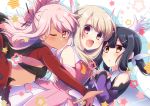  3girls :o ascot bangs bare_shoulders black_hair blonde_hair brown_eyes cape chloe_von_einzbern commentary_request dark_skin detached_sleeves elbow_gloves fate/kaleid_liner_prisma_illya fate_(series) girl_sandwich gloves hair_between_eyes hair_bun hair_ornament hair_stick hairclip hand_on_another&#039;s_waist highres illyasviel_von_einzbern long_hair looking_at_another looking_at_viewer magical_girl miyu_edelfelt multiple_girls one_eye_closed orange_eyes outstretched_arms pink_hair prisma_illya red_eyes sandwiched shizuku_(kuruizakura) star twintails yellow_neckwear 