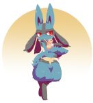  3_toes anthro blue_fur blush breasts featureless_breasts female fur hi_res lucario nintendo nyaswitchnya open_month pok&eacute;mon pok&eacute;mon_(species) red_eyes solo spikes toes video_games yellow_fur 