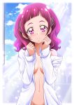  1girl bangs blush breasts cleavage closed_mouth collarbone dress_shirt groin hair_ornament hanzou highres hugtto!_precure long_hair looking_at_viewer naked_shirt navel nono_hana off_shoulder open_clothes open_shirt pink_eyes precure purple_hair shiny shiny_hair shirt small_breasts smile solo standing upper_body white_shirt 