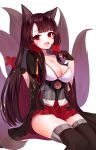  1girl :d absurdres akagi_(azur_lane) animal_ears azur_lane black_gloves black_legwear blurry blush breasts brown_hair cleavage collarbone fang fox_ears fox_tail gloves hair_ornament highres holding invisible_chair kitsune large_breasts long_hair long_sleeves looking_at_viewer miniskirt multiple_tails open_mouth partly_fingerless_gloves pleated_skirt red_eyes red_skirt reel37891 simple_background sitting skirt smile solo tail thighhighs white_background wide_sleeves zettai_ryouiki 
