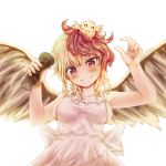  1girl alternate_costume animal animal_on_head apron armpits arms_up bird bird_wings blonde_hair blush breasts chick commentary_request cowboy_shot feathered_wings fingernails grin head_tilt holding kerotsupii_deisuku looking_at_viewer medium_breasts multicolored_hair naked_apron niwatari_kutaka on_head pepper_shaker red_hair sideboob simple_background smile solo standing touhou two-tone_hair white_background wings yellow_eyes 
