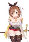  1girl :p armpit_crease arms_behind_back ass_visible_through_thighs atelier_(series) atelier_ryza bangs bare_shoulders belt beret blue_belt blush breasts brown_belt brown_eyes brown_hair cleavage collarbone commentary eyelashes hair_ornament hairclip hat heart highres holding_polearm jacket jehyun jewelry large_breasts leaning_forward leather leather_belt looking_at_viewer navel navel_cutout necklace off_shoulder open_clothes open_jacket polearm pouch red_shorts reisalin_stout round-bottom_flask shiny shiny_skin shirt short_hair short_shorts shorts signature simple_background sleeveless_jacket smile solo standing star star_necklace thigh_gap thigh_pouch thighhighs thighs tongue tongue_out vial weapon white_background white_headwear white_legwear white_shirt yellow_jacket 