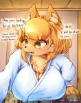  2019 ? amber_eyes anthro blonde_hair blush breasts brown_fur canid canine chest_tuft cleavage clothed clothing cute_fangs english_text fluffy fur hair hi_res inner_ear_fluff japanese_clothing kemono mammal open_mouth solo tetto text tuft 