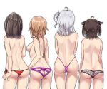  4girls absurdres ahoge akizuki_(kantai_collection) ass back black_hair black_panties braid breasts brown_hair butt_crack commentary_request facing_away from_behind hair_flaps hair_ornament hatsuzuki_(kantai_collection) highleg highleg_panties highres kantai_collection kiritto lace lace_panties long_hair medium_breasts multiple_girls one_side_up panties ponytail propeller_hair_ornament purple_panties red_panties short_hair shoulder_blades side-tie_panties silver_hair simple_background suzutsuki_(kantai_collection) teruzuki_(kantai_collection) thong topless twin_braids underwear white_background 