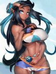  1girl belt black_hair blue_eyes breasts cameltoe dark_skin earrings fumio_(rsqkr) gloves highres jewelry large_breasts long_hair looking_at_viewer navel pokemon pokemon_(game) pokemon_swsh rurina_(pokemon) single_glove solo very_long_hair 