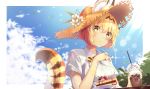  1girl :/ absurdres adapted_costume animal_ears animal_ears_(artist) bangs blonde_hair blue_sky bow bowtie cake cloud collared_shirt commentary_request day ears_through_headwear flower food food_request fork hair_between_eyes hat hat_flower highres japari_symbol kemono_friends lens_flare looking_at_viewer outdoors plate print_neckwear serval_(kemono_friends) serval_ears serval_print serval_tail shirt short_hair short_sleeves sky solo straw_hat sunlight tail white_shirt yellow_eyes 