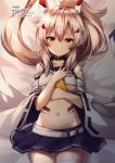  1girl absurdres azur_lane bangs bare_shoulders bed_sheet belt blue_skirt blush breasts collar collarbone eyebrows_visible_through_hair hair_ornament hand_on_own_chest highres long_hair looking_at_viewer lying medium_breasts midriff miniskirt navel non_(nobu) on_back pale_skin parted_lips ponytail sailor_collar scan shiny shiny_hair skirt solo stomach thighhighs white_legwear wide_sleeves zettai_ryouiki 