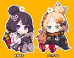  2girls abigail_williams_(fate/grand_order) alphy animal bangs black_bow black_footwear black_jacket black_shorts blonde_hair blue_eyes blush_stickers bow character_name chibi closed_mouth commentary_request covered_mouth crossed_bandaids eyebrows_visible_through_hair fate/grand_order fate_(series) grey_hoodie hair_bow hair_bun heroic_spirit_traveling_outfit hood hood_down hoodie jacket katsushika_hokusai_(fate/grand_order) key long_hair long_sleeves looking_at_viewer multiple_girls object_hug octopus orange_background orange_bow outline parted_bangs polka_dot polka_dot_bow purple_eyes purple_hair red_footwear sample shoe_soles shoes shorts sitting sleeves_past_fingers sleeves_past_wrists smile star stuffed_animal stuffed_toy teddy_bear tokitarou_(fate/grand_order) white_outline 