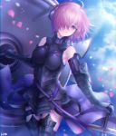  1girl armored_boots armored_leotard black_footwear black_leotard blue_blood_moon boots breasts breasts_apart cowboy_shot eyebrows_visible_through_hair fate/grand_order fate_(series) gloves grin hair_over_one_eye hand_on_hilt head_tilt highres holding_shield lens_flare leotard looking_at_viewer mash_kyrielight medium_breasts petals pink_hair purple_belt purple_eyes purple_gloves shield short_hair signature smile solo standing sword thigh_boots thigh_strap thighhighs weapon 