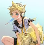  1boy aqua_eyes bag bangs bass_clef blonde_hair commentary eating food food_in_mouth goggles headphones holding holding_bag kagamine_len light_blush looking_at_viewer male_focus naoko_(naonocoto) necktie popsicle popsicle_stick sailor_collar school_uniform shirt short_hair short_ponytail short_sleeves shoulder_bag spiked_hair squatting sweat vocaloid white_shirt yellow_neckwear 