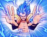  1boy abs blue_eyes blue_hair commentary ditienan_ddn dragon_ball dragon_ball_super dragon_ball_super_broly electricity emphasis_lines gogeta male_focus muscle solo spoilers super_saiyan_blue upper_body vest wristband 