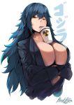  1girl artist_name black_gloves blue_hair breasts cleavage crossed_arms drink drinking_straw fang gloves godzilla godzilla:_king_of_the_monsters godzilla_series highres hiroki_ree large_breasts long_hair open_clothes orange_eyes personification radiation_symbol signature tawawa_challenge upper_body 
