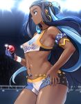  1girl areolae armpits bare_shoulders black_hair blue_eyes blue_hair breasts covered_nipples cowboy_shot crop_top dark_skin earrings from_side gloves hair_ornament highres hoop_earrings jewelry lips long_hair medium_breasts multicolored_hair navel nipples parted_lips pokemon pokemon_(game) pokemon_swsh ponchi rurina_(pokemon) see-through short_shorts shorts sideboob single_glove small_breasts solo sports_bra sportswear stadium stomach thigh_gap two-tone_hair 