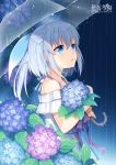  1girl bangs bare_shoulders blue_eyes blue_flower blue_ribbon blush character_request commentary_request copyright_name dress eyebrows_visible_through_hair flower hair_between_eyes hair_ornament hitsuki_rei holding holding_umbrella hydrangea looking_away off-shoulder_dress off_shoulder parted_lips pink_flower ponytail purple_flower purple_ribbon rain ribbon silver_hair snowdreams_-lost_in_winter- solo transparent transparent_umbrella umbrella white_dress 