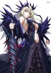  1girl armor artoria_pendragon_(all) artoria_pendragon_(lancer_alter) aura bangs bare_shoulders black_nails blonde_hair braid breasts center_opening cleavage clenched_hand crown_braid dark_persona dress earrings expressionless fate/grand_order fate_(series) floating_hair glint hair_between_eyes highres holding holding_weapon horns jewelry lace lace-trimmed_dress large_breasts long_hair looking_at_viewer navel purple_dress rhongomyniad sakiyamama serious sidelocks signature simple_background solo thighhighs tsurime underboob weapon white_background yellow_eyes 